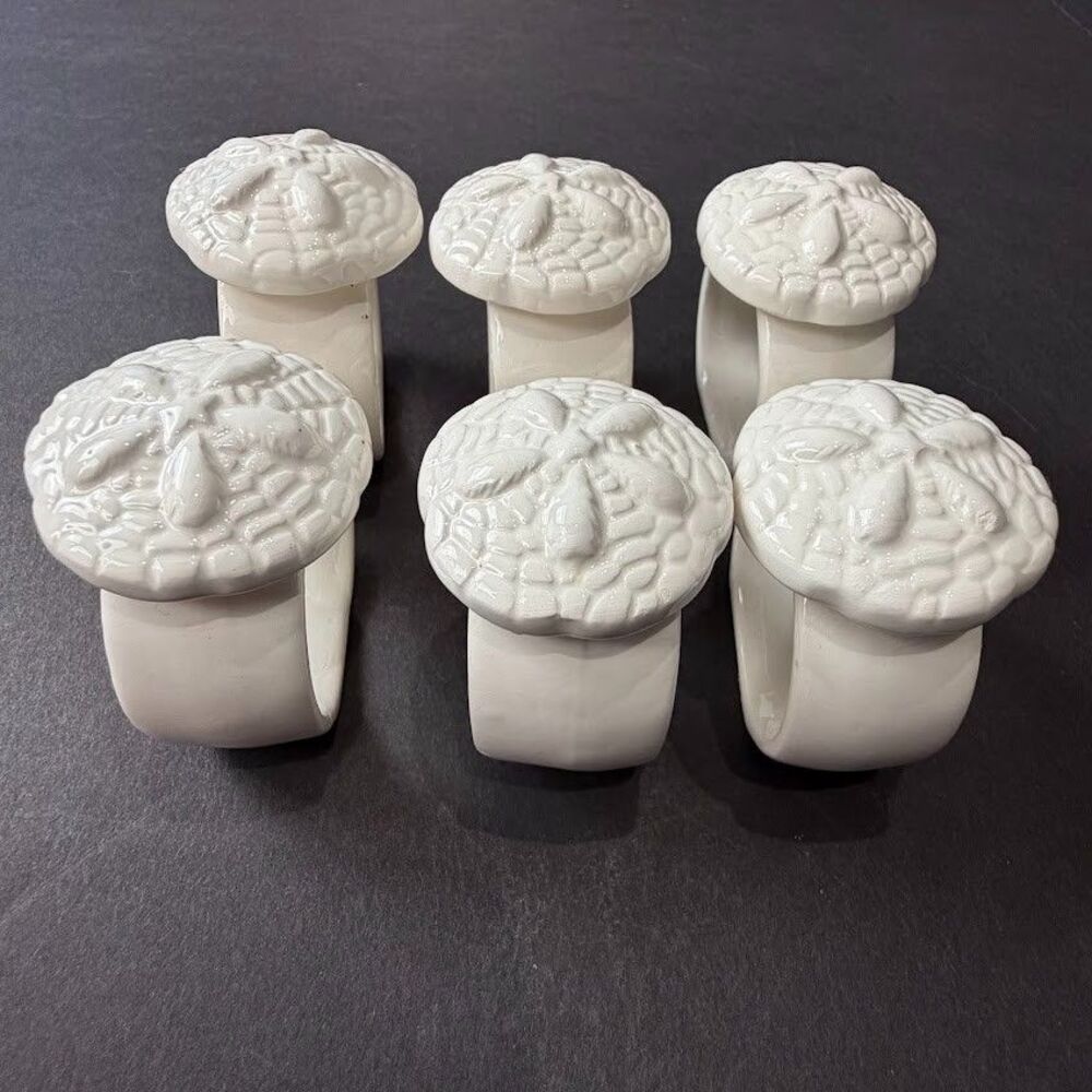 Set of 6 Vintage White Ceramic Sand Dollar Napkin Rings, Coastal Beach, EUC